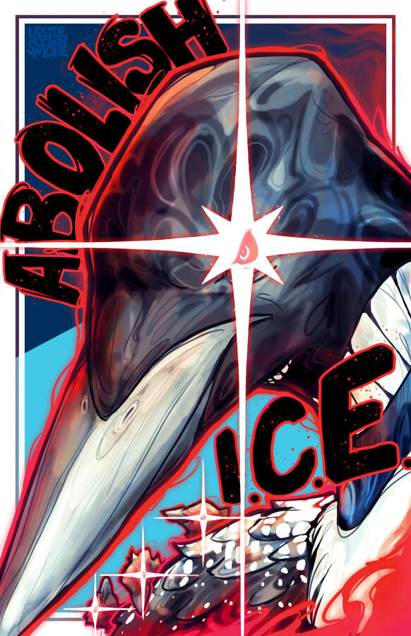 Digital illustration of a very, very pissed Minnesotan laser loon, with red-outlined black text that reads "ABOLISH I.C.E.". The loon, alongside its three chicks, has a bright white laser beaming from its visible eye in the shape of the Minnesota flag Nort