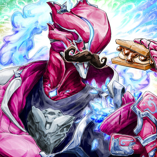 Brightly colored digital portrait illustration of my avatar: a modified version of my Warframe drifter fashion with a big curled mustache, a Harrow Chassis Blueprint t-shirt, differently styled flowers and plume, and holding a smore. Included as a creator